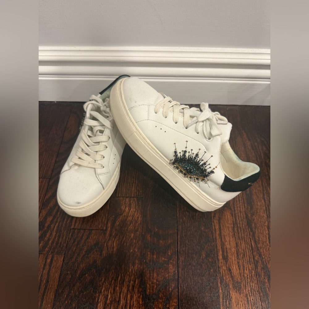 Kurt Geiger White Leather Sneakers with Dark Green Heel and Embellished Side